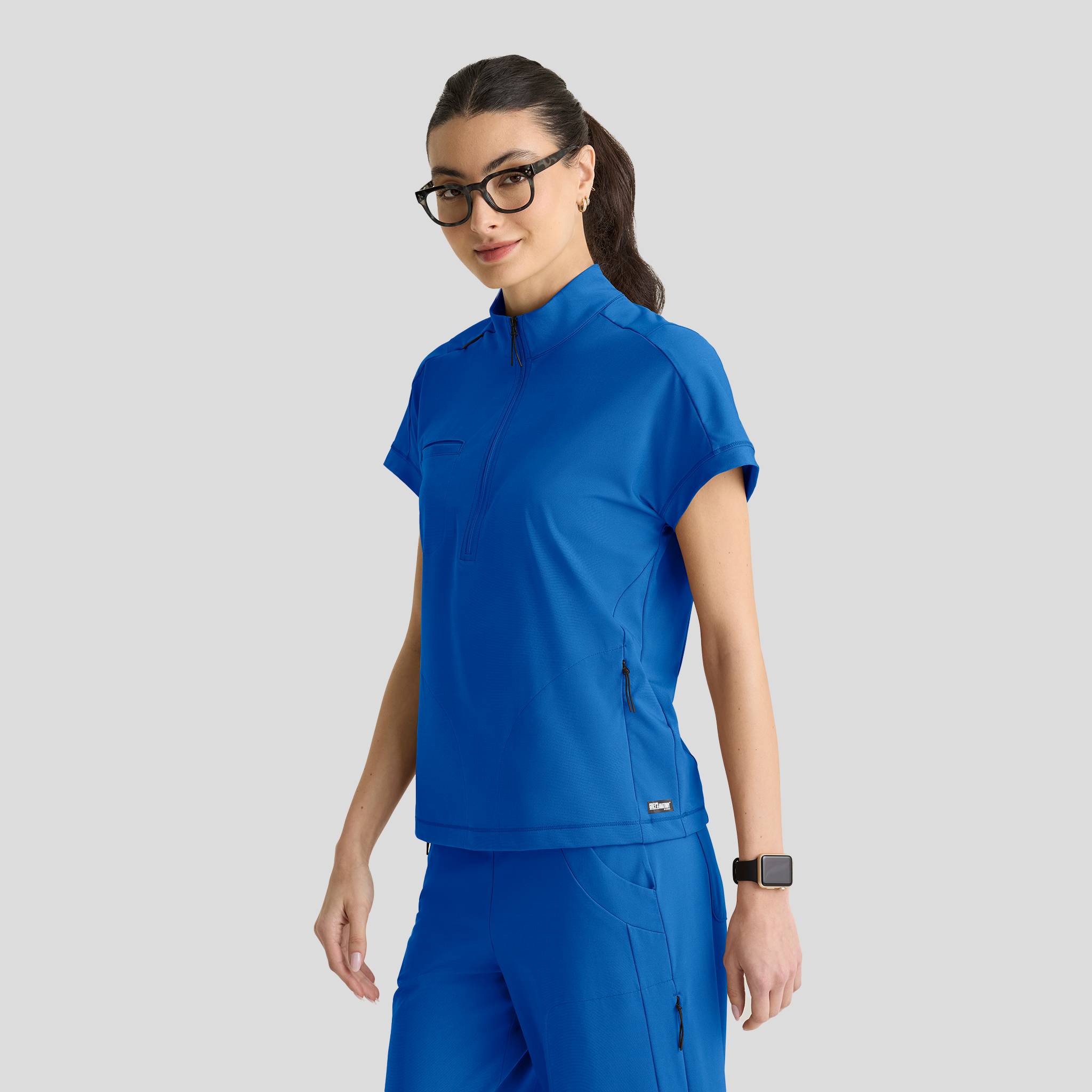 Crystal 3-Pocket Mock Neck Zip-Placket Top | Royal