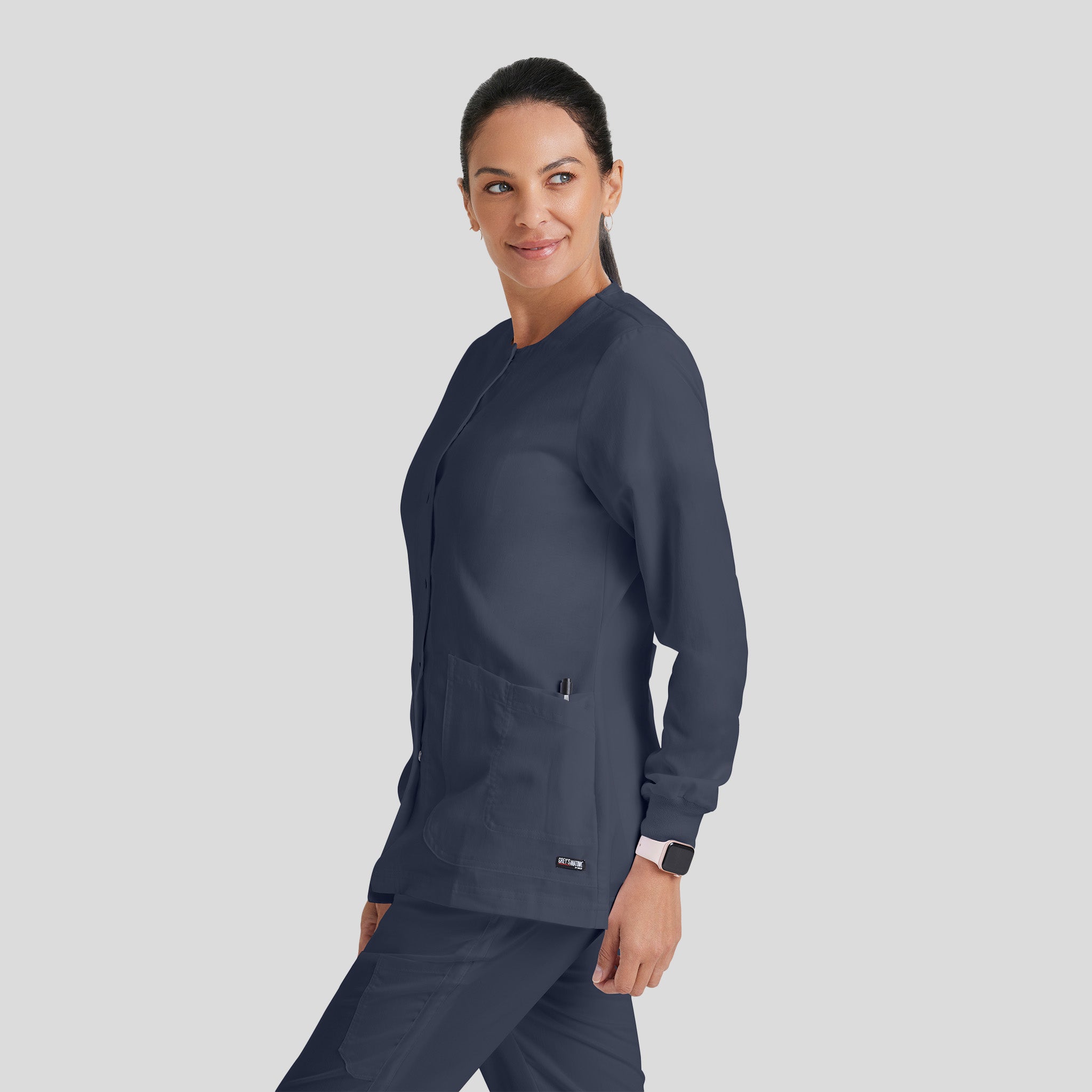 Jamie 4-Pocket Crewneck Snap-Front Scrub Jacket | Steel