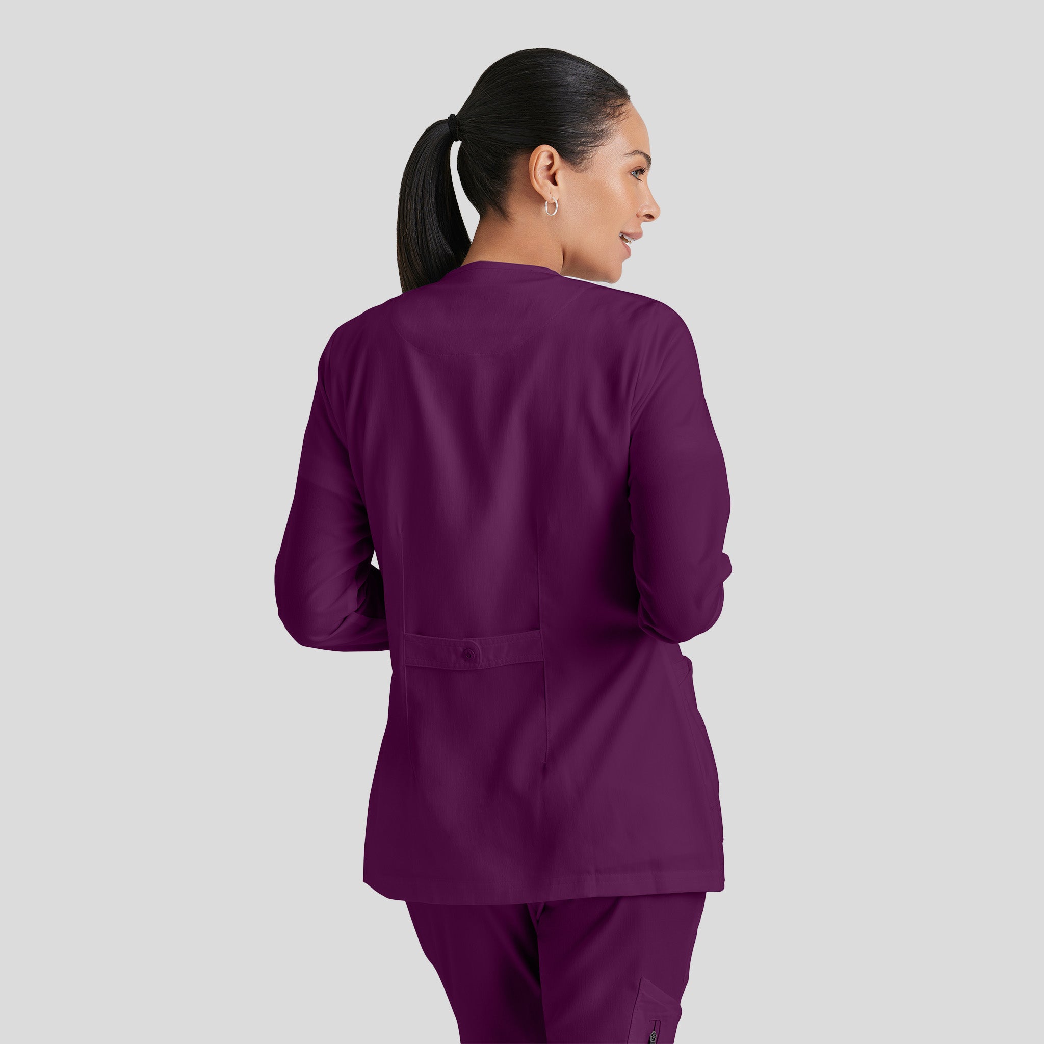 Jamie 4-Pocket Crewneck Snap-Front Scrub Jacket | Wine