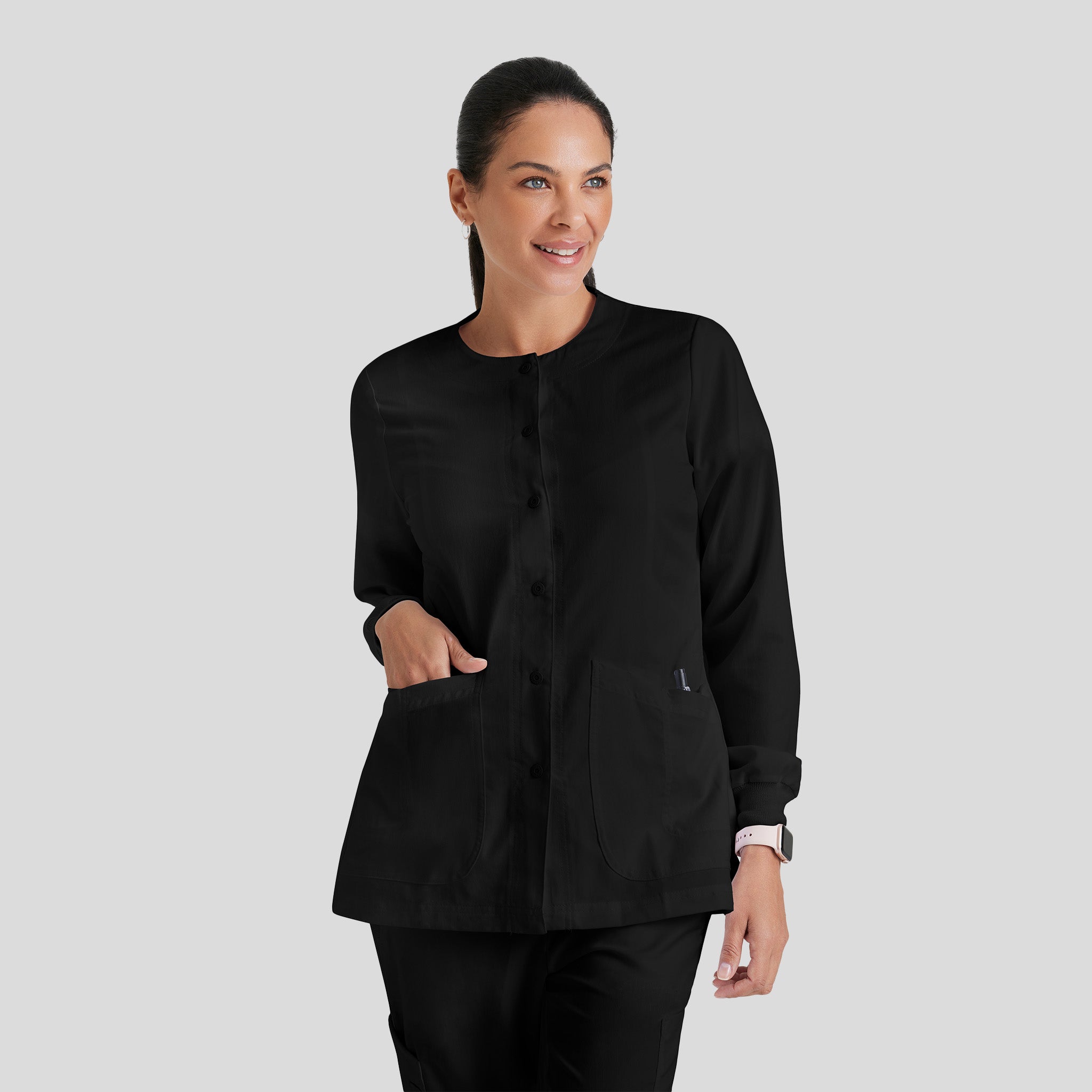 Jamie 4-Pocket Crewneck Snap-Front Scrub Jacket | Black
