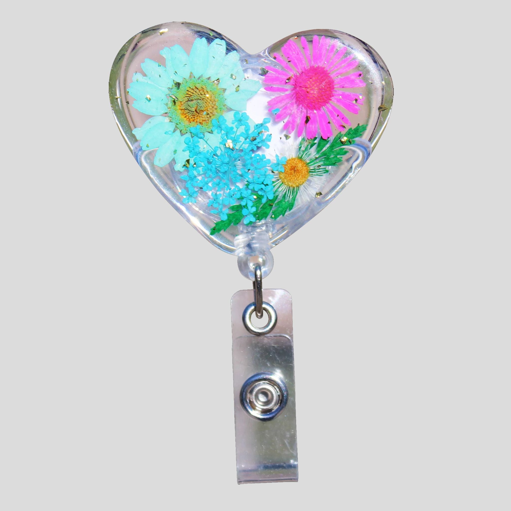 Glitterific Pink and Blue Flower Heart Badge Holder