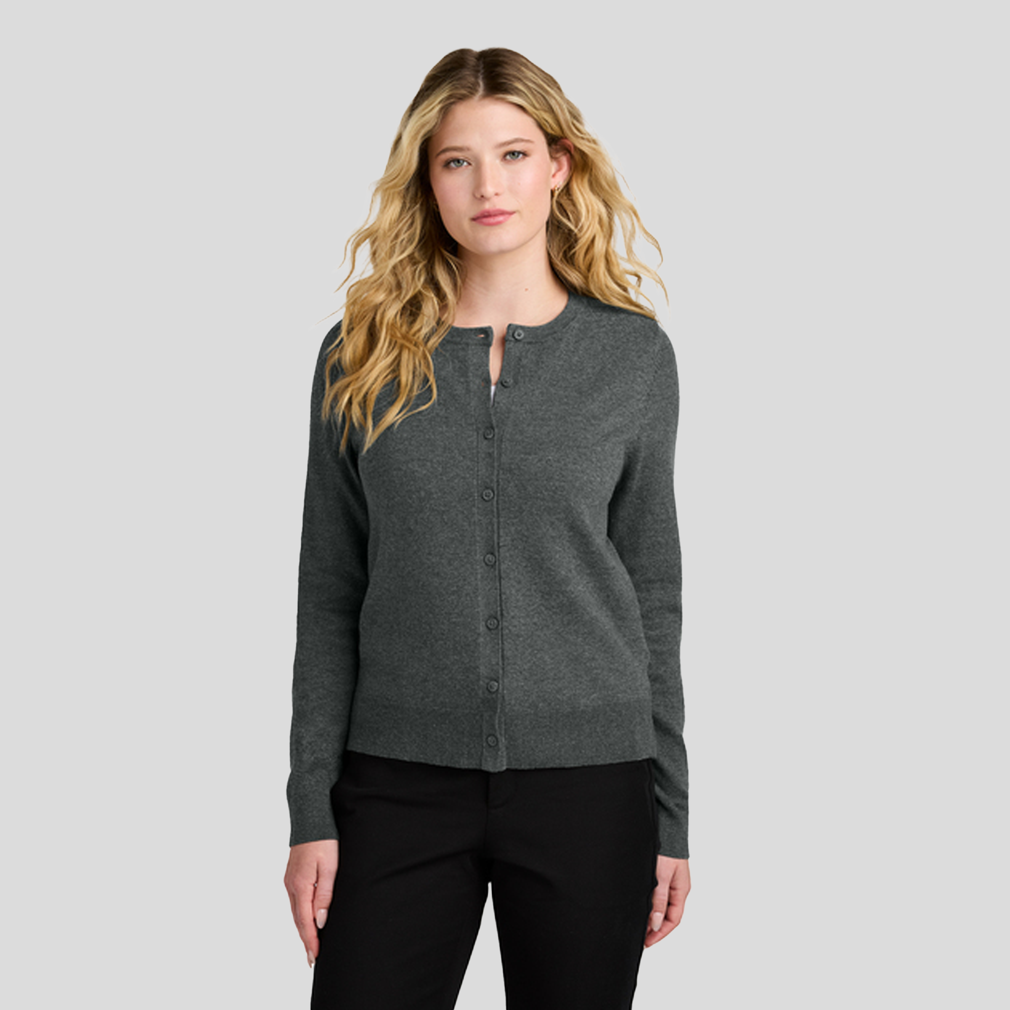 Womenβs Easy Care Crewneck Cardigan Sweater | Charcoal Heather