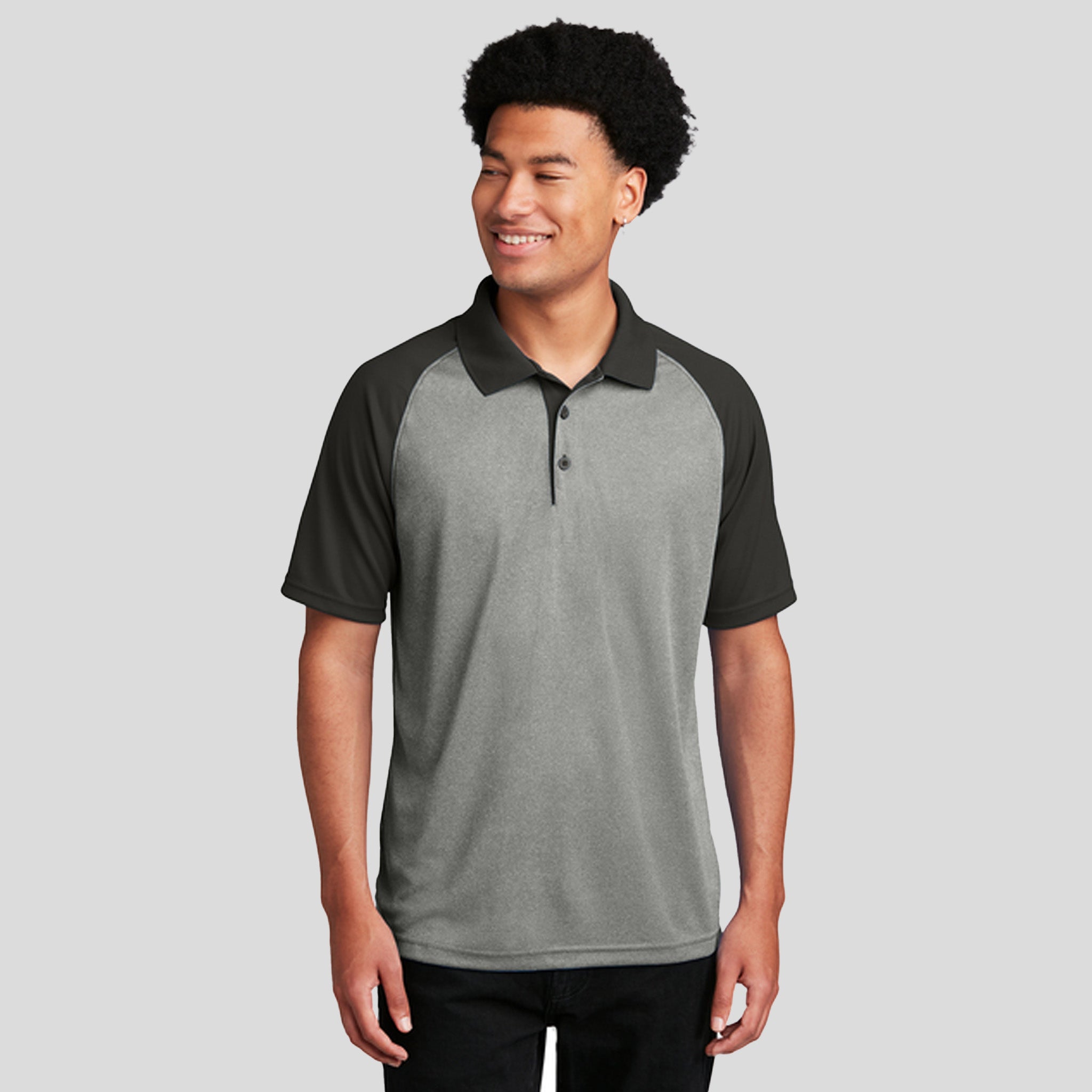 PosiCharge® RacerMesh® Raglan Heather Block Polo | Grey Heather/Black