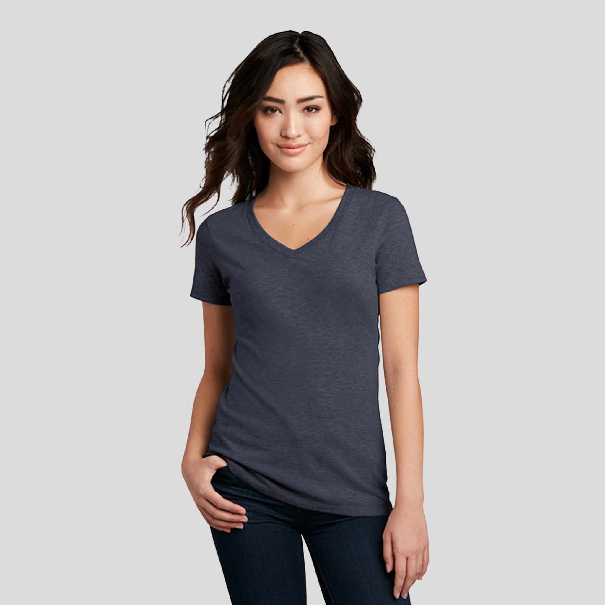 Womenโs Perfect Blendยฎ CVC V-Neck Tee | Heathered Navy