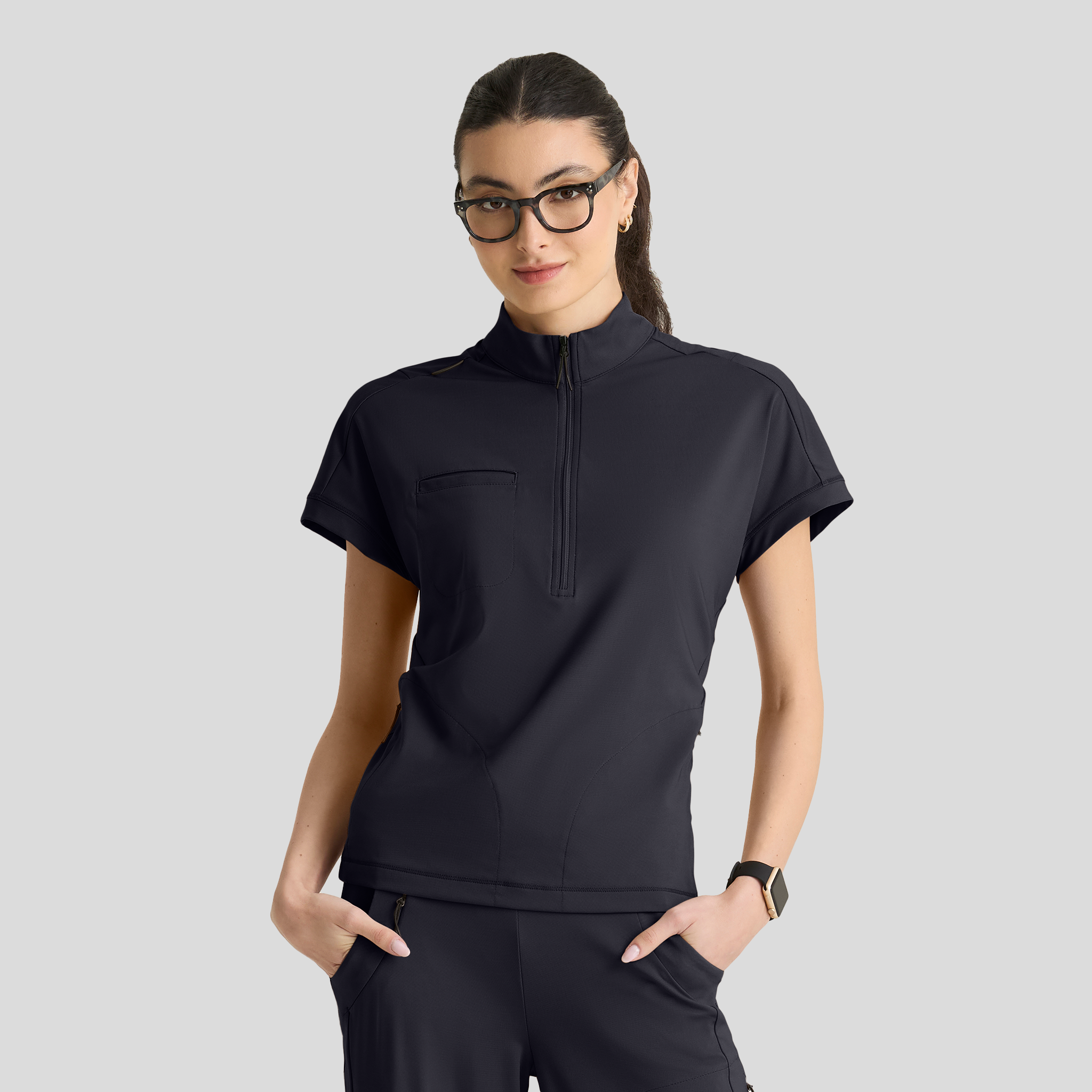 Crystal 3-Pocket Mock Neck Zip-Placket Top | Pewter