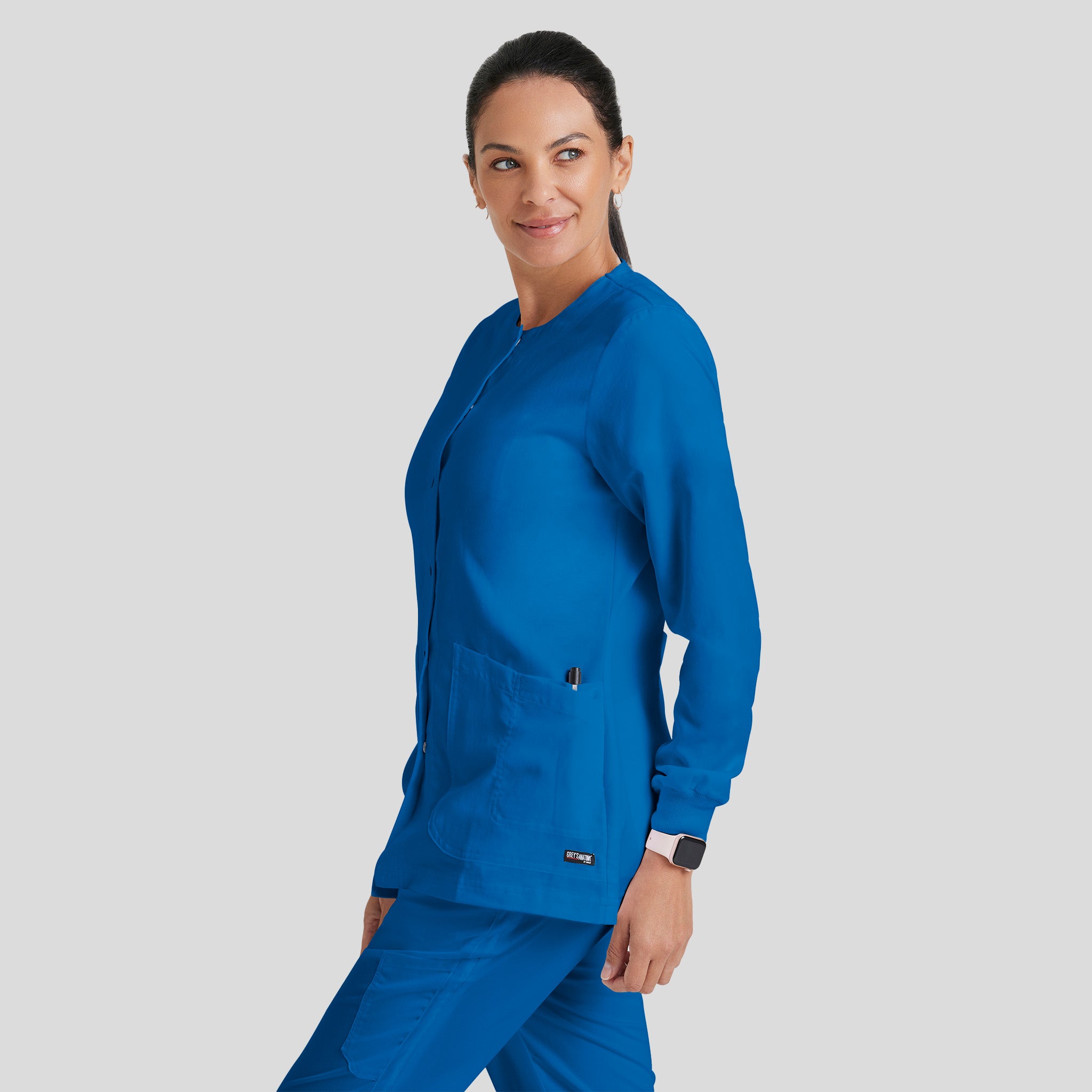 Jamie 4-Pocket Crewneck Snap-Front Scrub Jacket | Royal