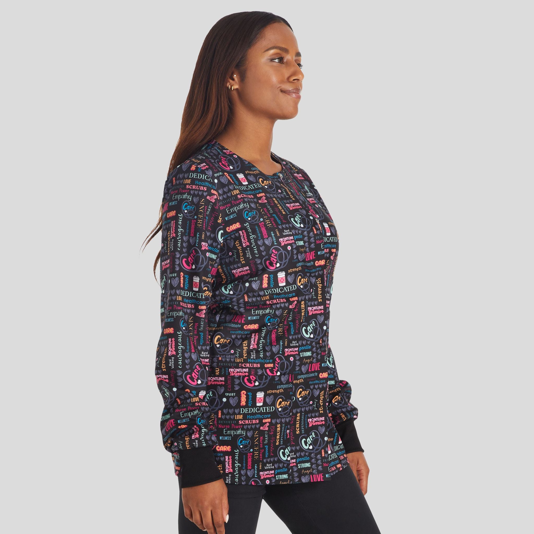 Women's Snap Front Nurse Power Print Scrub Jacket
