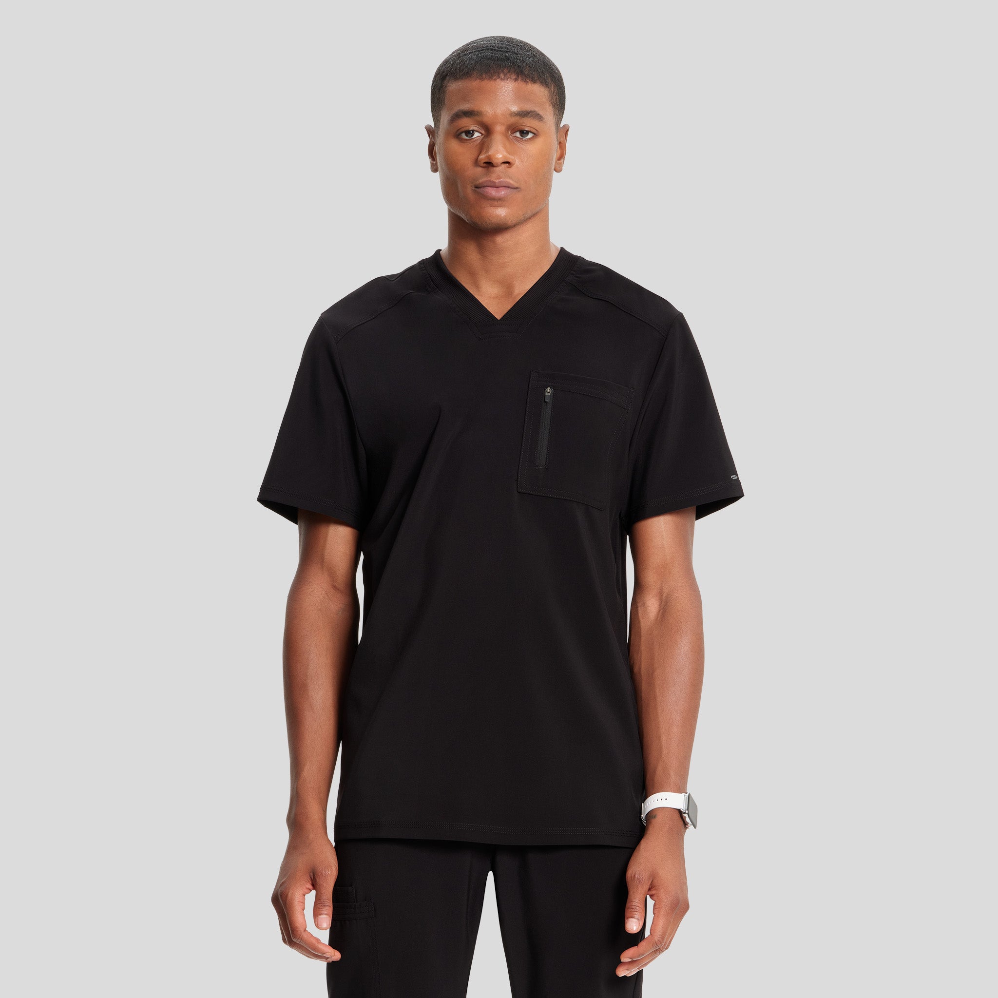 Men's V-Neck Knit Panel Solid Scrub Top | Black