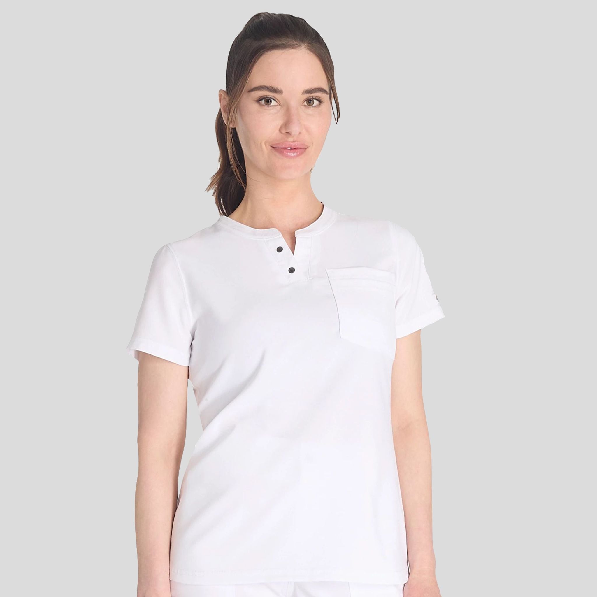 Women's Round Neck Henley Scrub Top | White