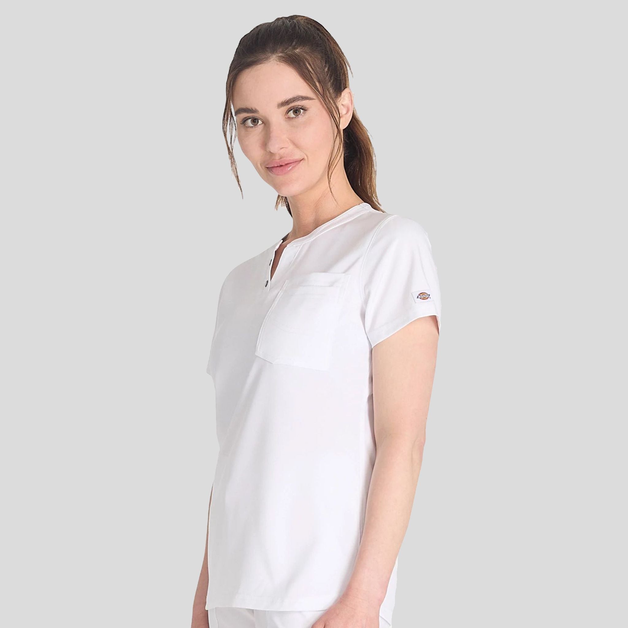 Women's Round Neck Henley Scrub Top | White