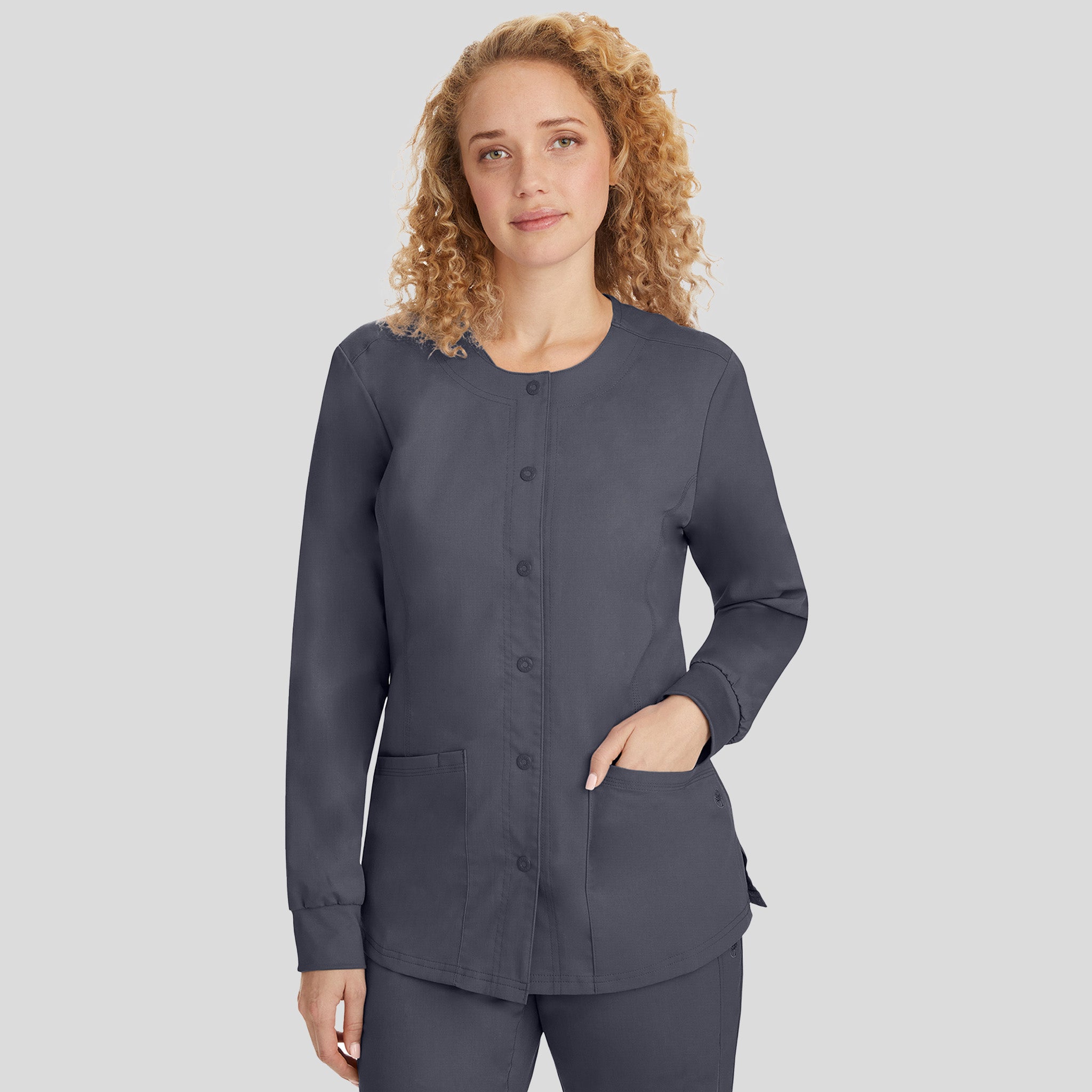 Daisy Snap Front Warm-Up Solid Scrub Jacket | Pewter