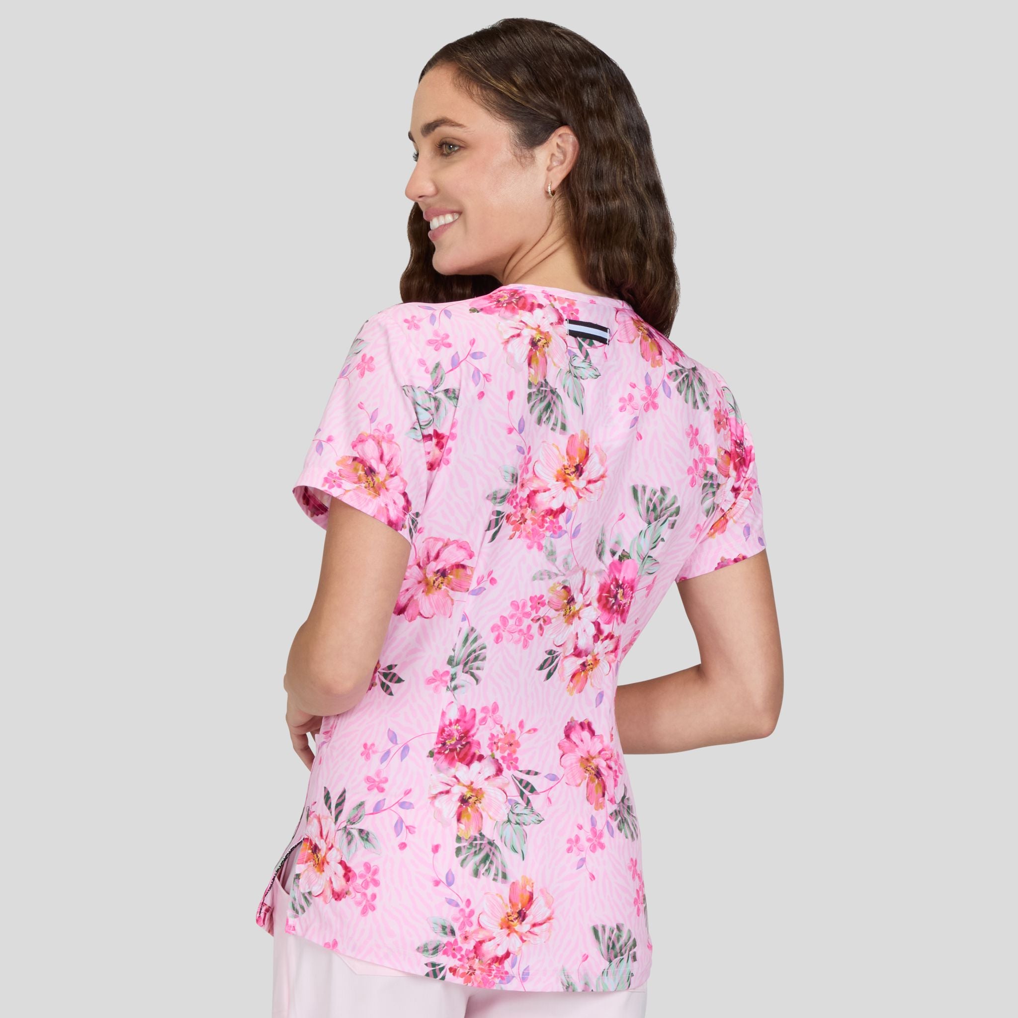 Women's 2-Pocket Print Scrub Top | Spring Festival Pink
